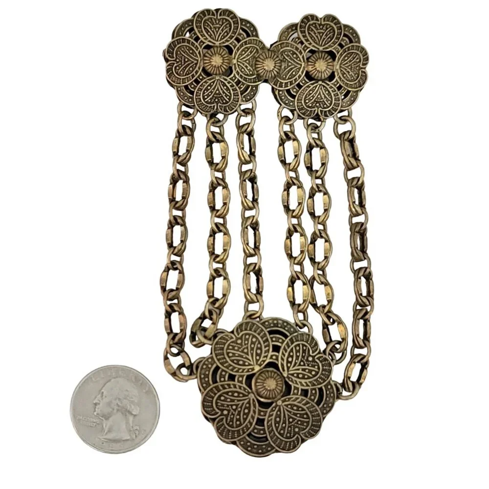 Gold Tone Etruscan Chatelaine Style Steampunk Brooch, M452